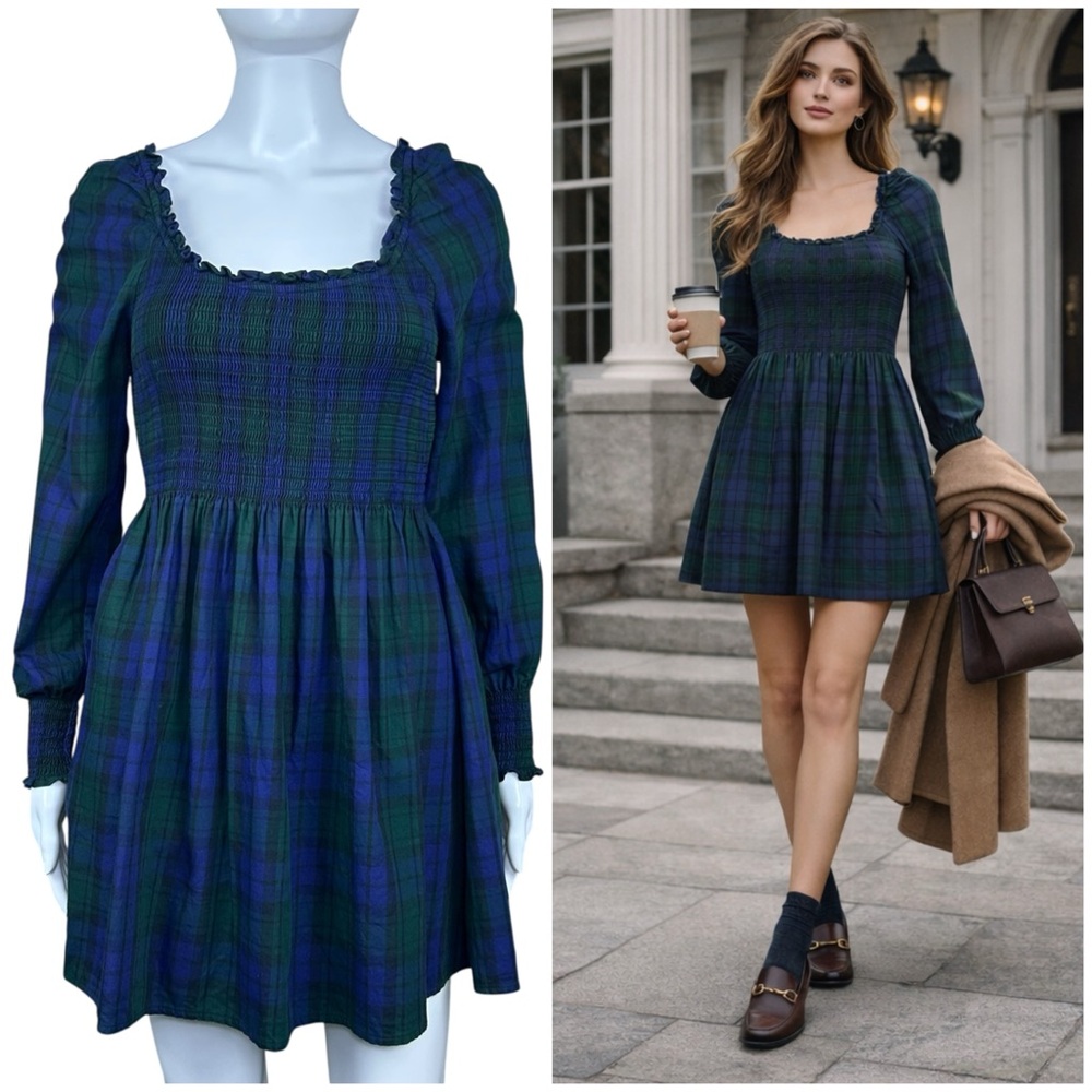 Hill House Norah Nap Tartan Plaid Long Cuffed Sleeve Smock Mini Dress Size XS